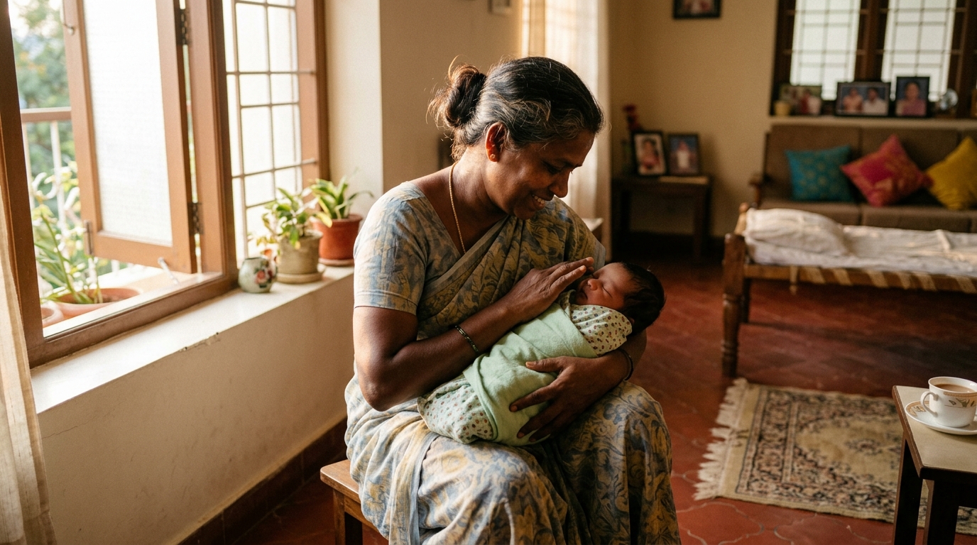 Aksraya baby care attendant gently holding newborn at home in Bengaluru
