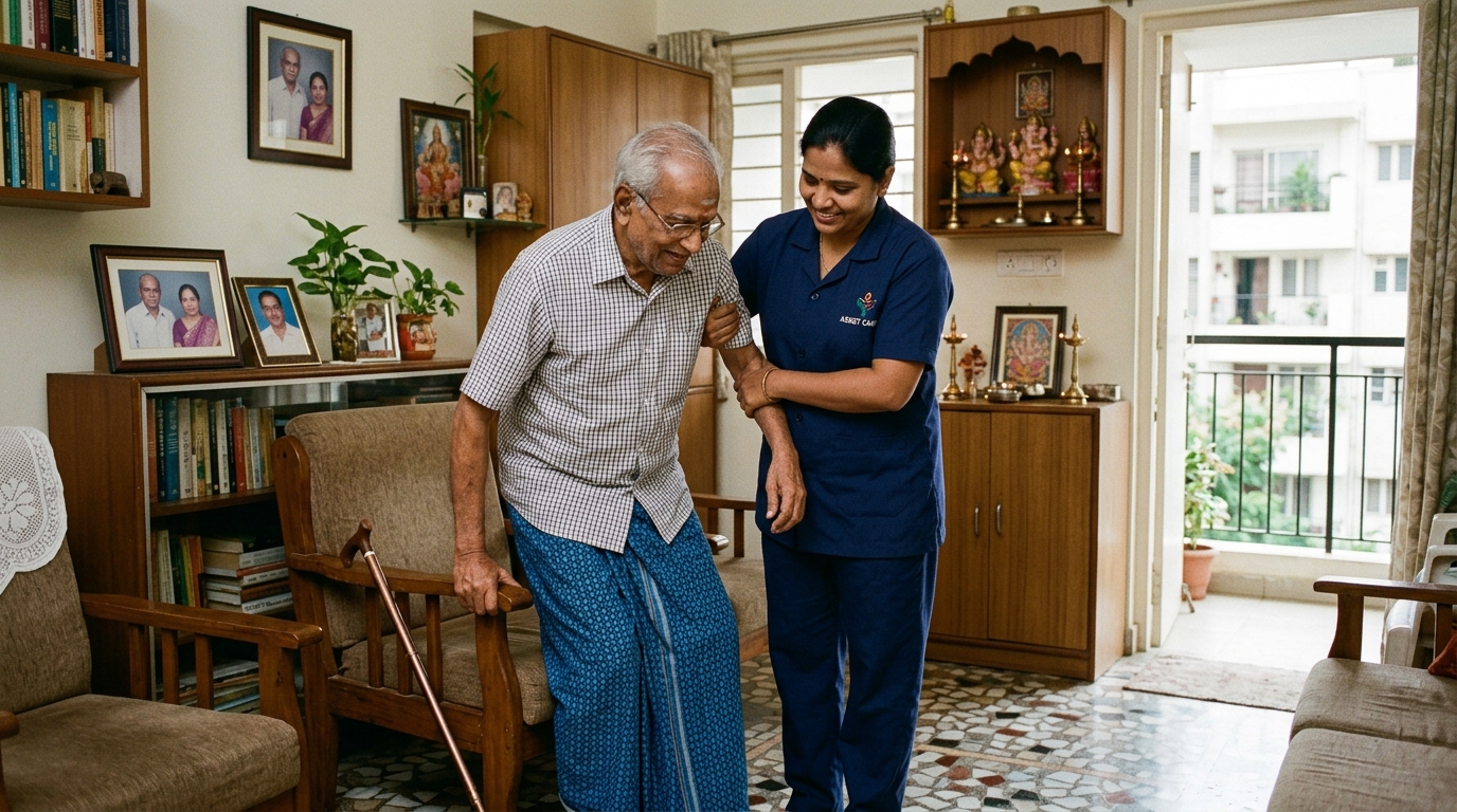 Aksraya care assistant helping an elderly person at home in Bengaluru