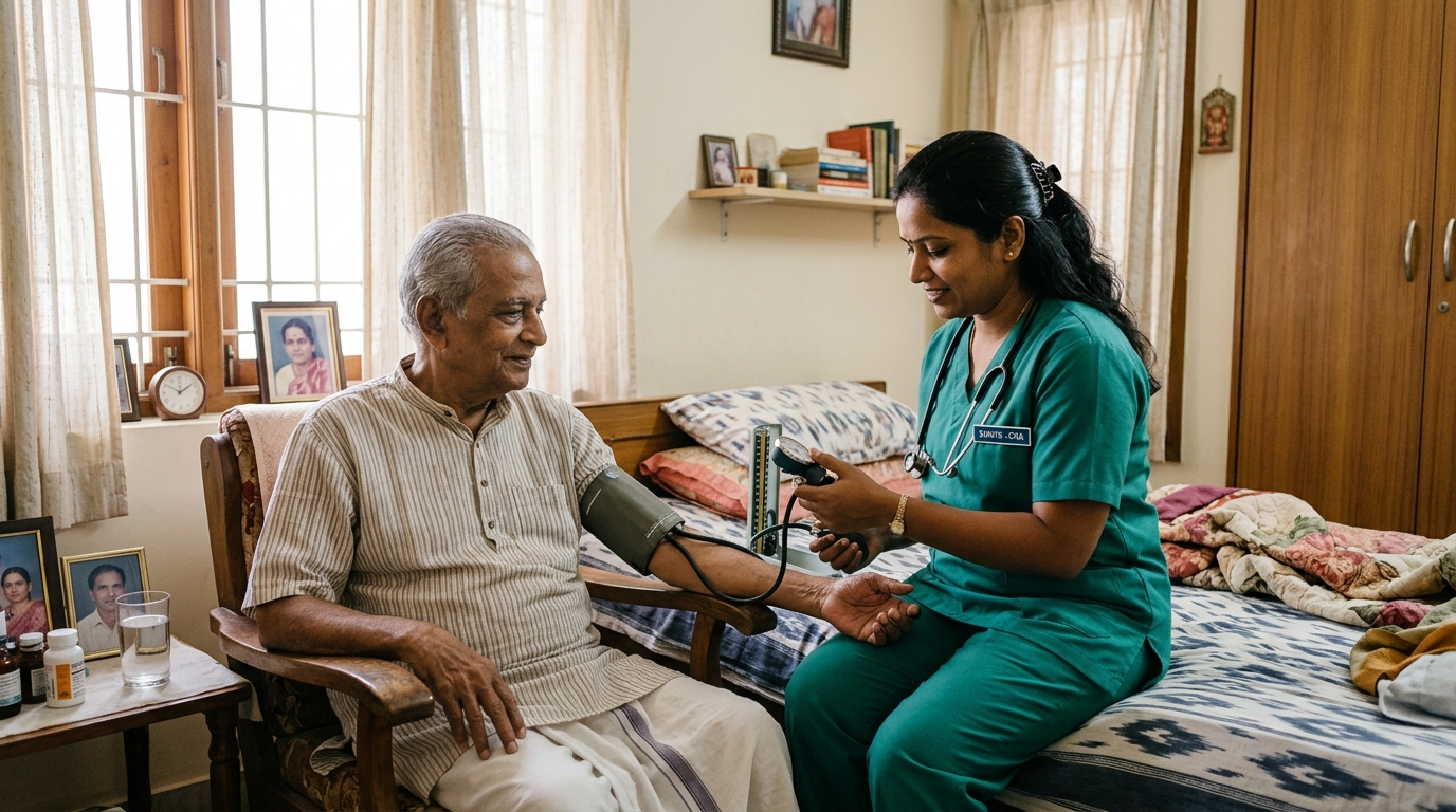 Aksraya nursing assistant checking vitals of patient at home in Bengaluru